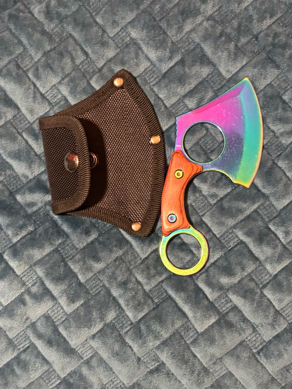 Men's Rainbow Karambit Pocket Knife with Wood-Style Handle